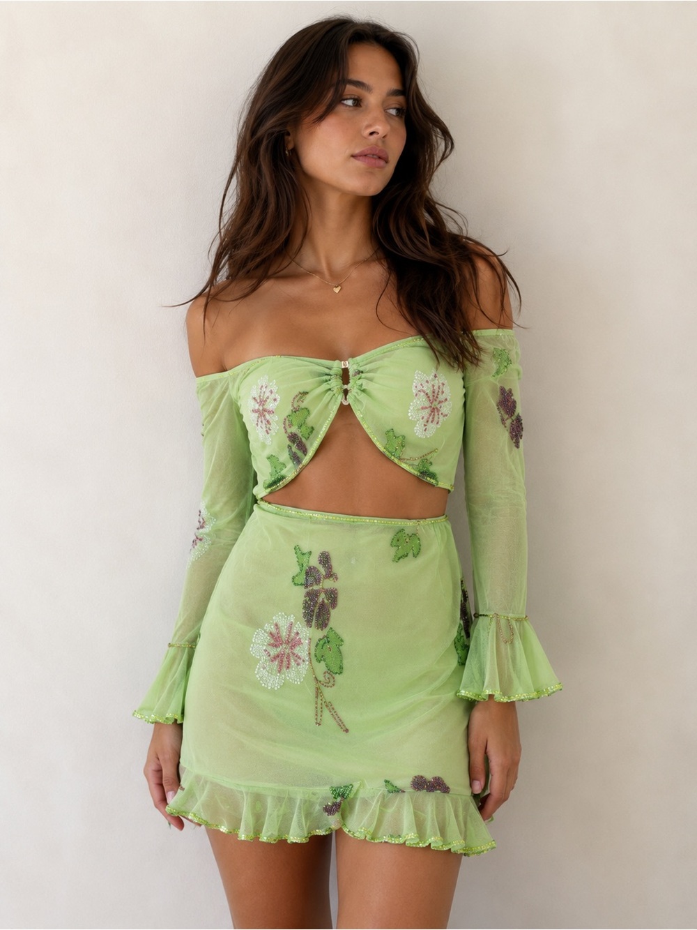 Sheer Lime Green Sequin Floral Two-Piece Skirt Set vintage Y2K beaded